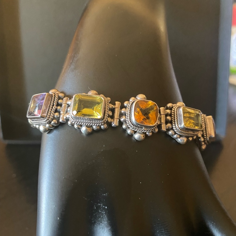 Sterling Silver 925 Bali 5 Multi Faceted Gemstone toggle bracelet